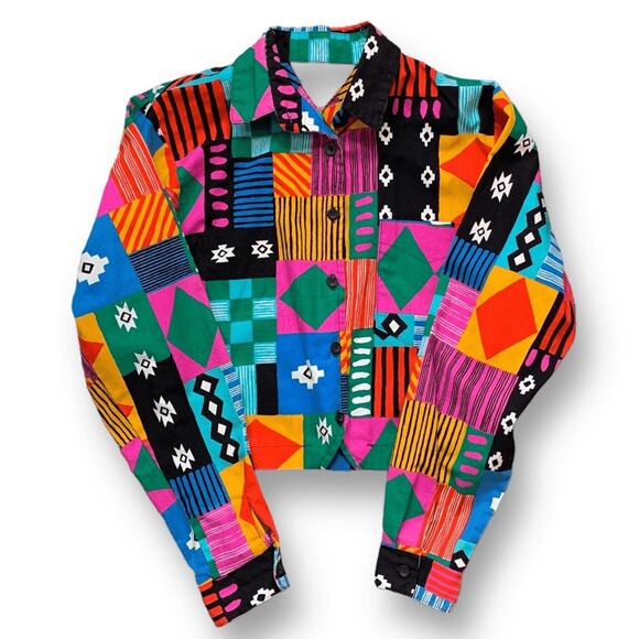 Roughrider Tops - Vintage Roughrider Shirt Geometric Western Crop Top Bold Multicolor Patchwork XS